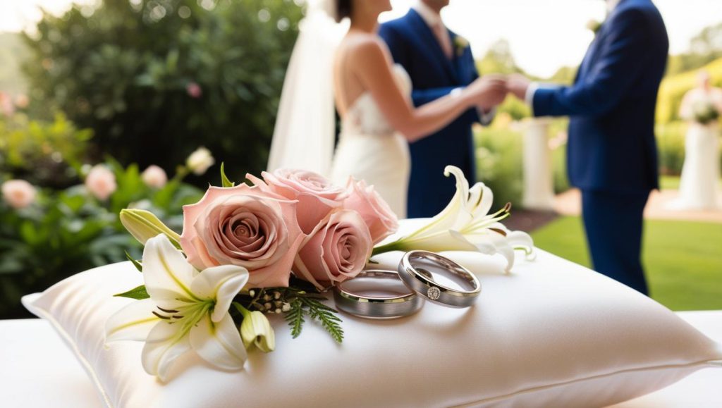 Hochzeitsredner Trauredner Bild zeigt Hochzeitsringe Hochzeitspaar Brautpaar im Hintergrund